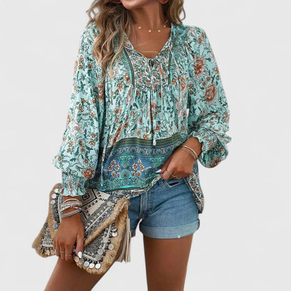 Maya | Women'S Boho Floral Long Sleeve Peasant Top