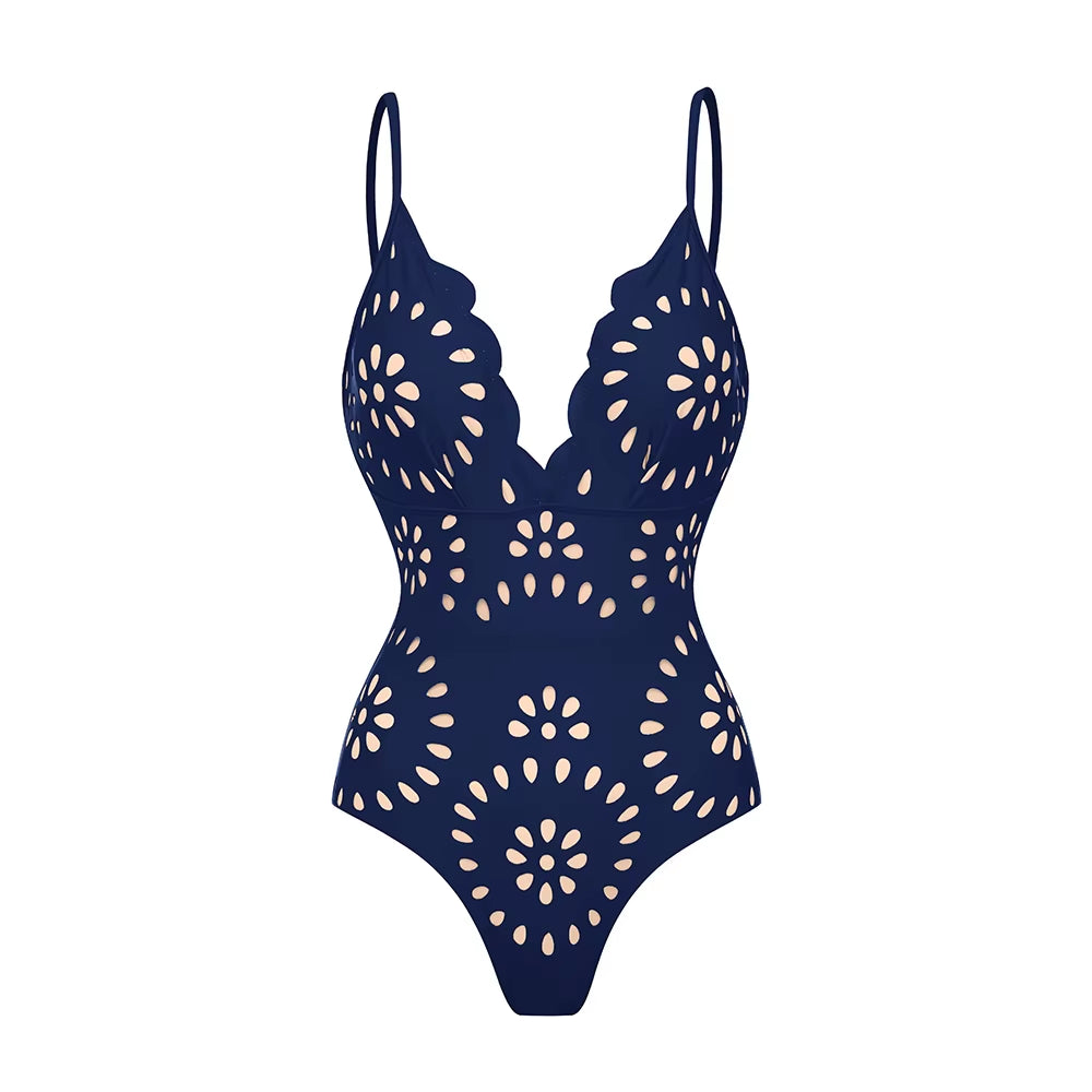 Flaxmaker Women One Piece Swimsuit and Skirt Black Laser Cutting Flower Hollow Swimwear Summer Deep V Neck Bathing Suit 2025
