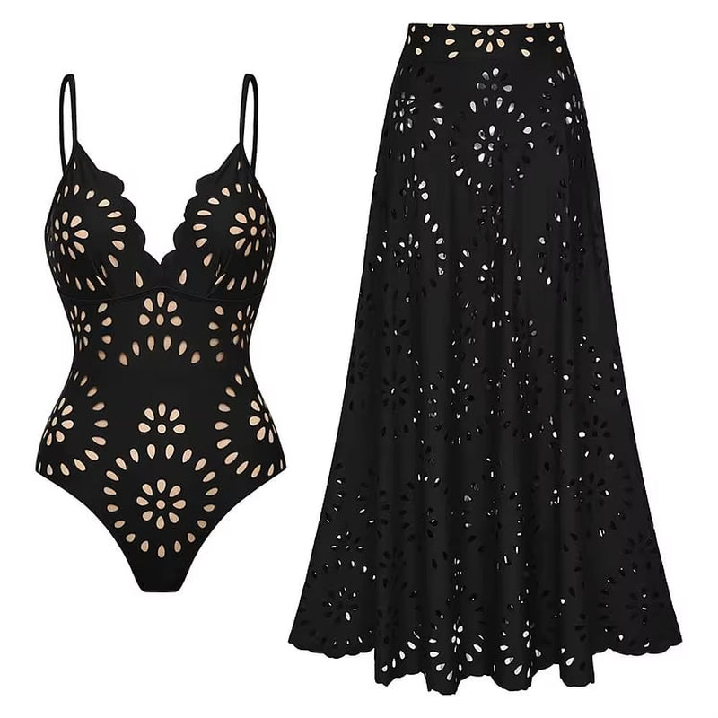 Flaxmaker Women One Piece Swimsuit and Skirt Black Laser Cutting Flower Hollow Swimwear Summer Deep V Neck Bathing Suit 2025