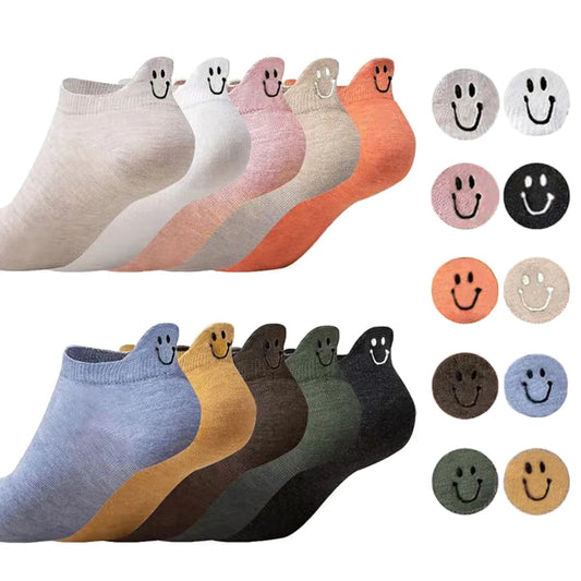 Step into Spring with 10 Pairs of Adorable Kawaii Short Socks for Women - Fun Smiling Face Embroidery and Cozy Cotton Comfort!