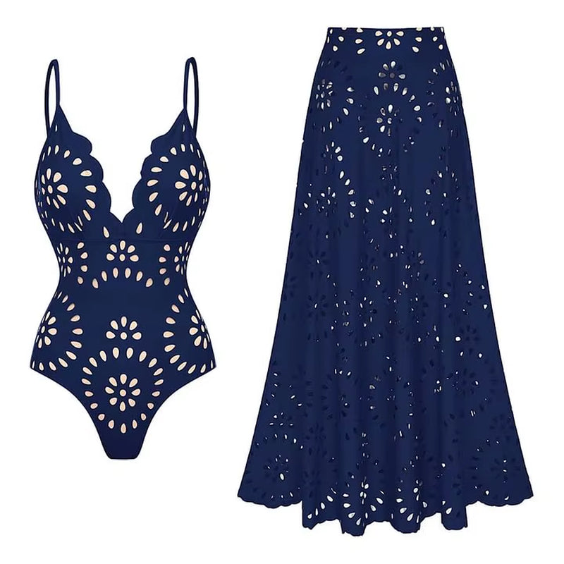 Flaxmaker Women One Piece Swimsuit and Skirt Black Laser Cutting Flower Hollow Swimwear Summer Deep V Neck Bathing Suit 2025
